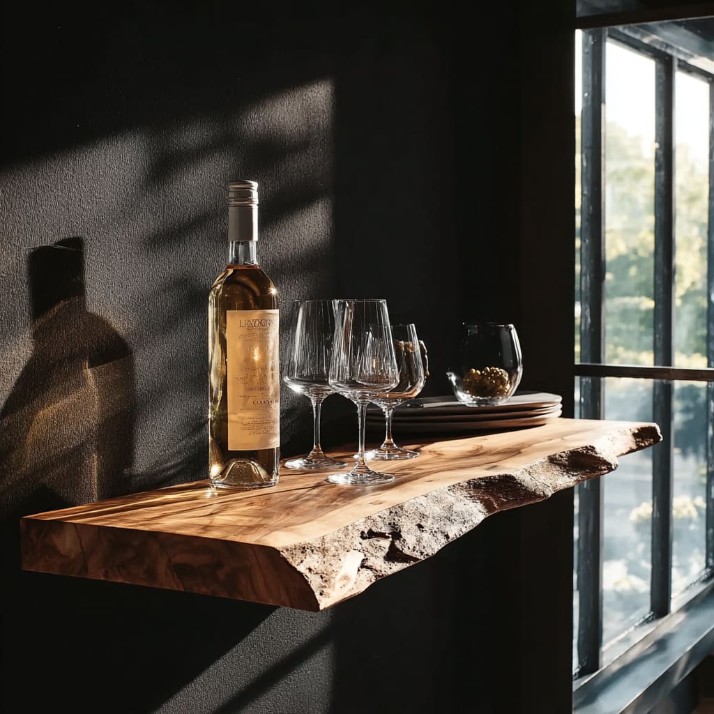 Rustic live edge wine display shelf crafted from natural hardwood
