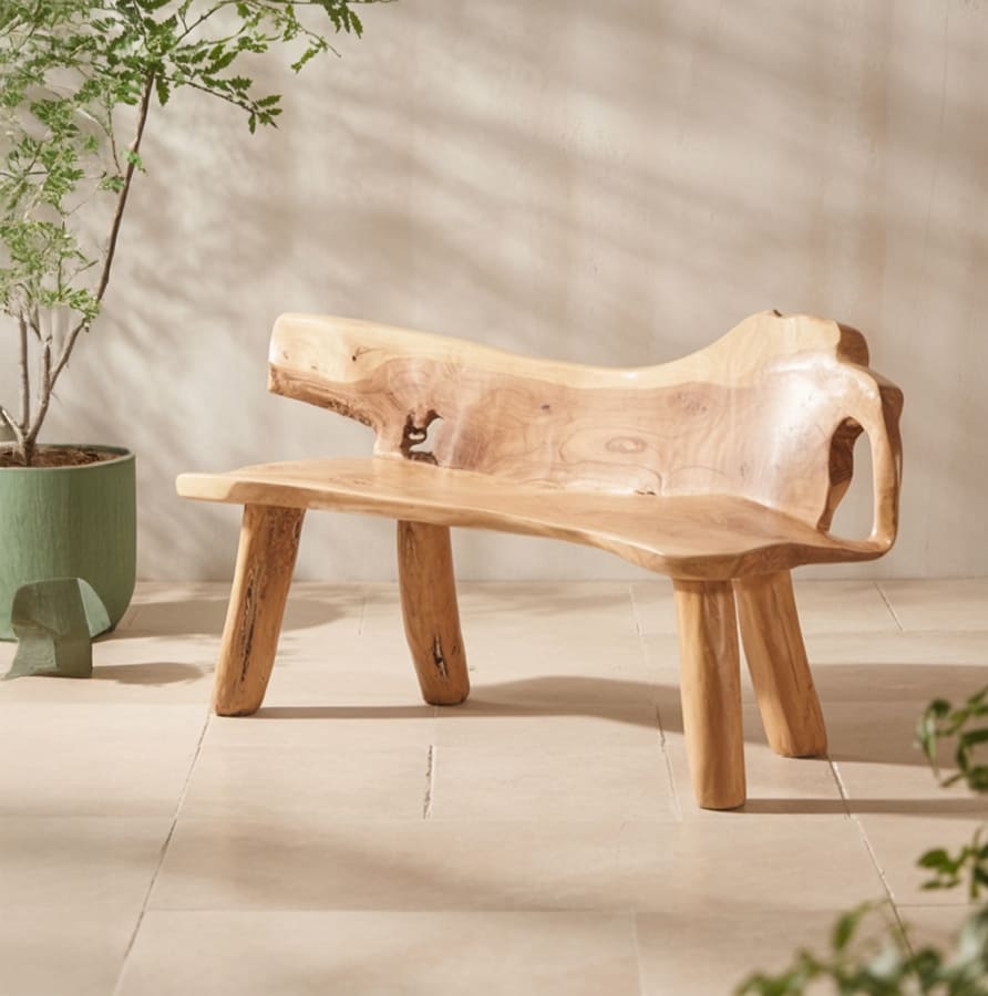 Rustic live edge garden bench with backrest in handcrafted solid wood