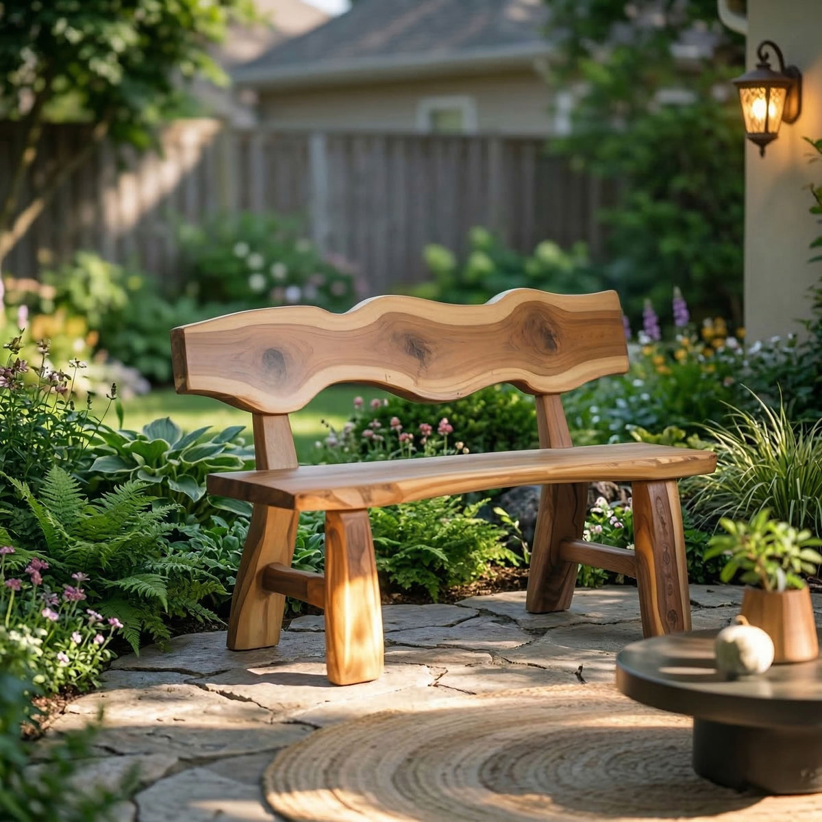 Live edge garden bench with backrest handcrafted from solid walnut
