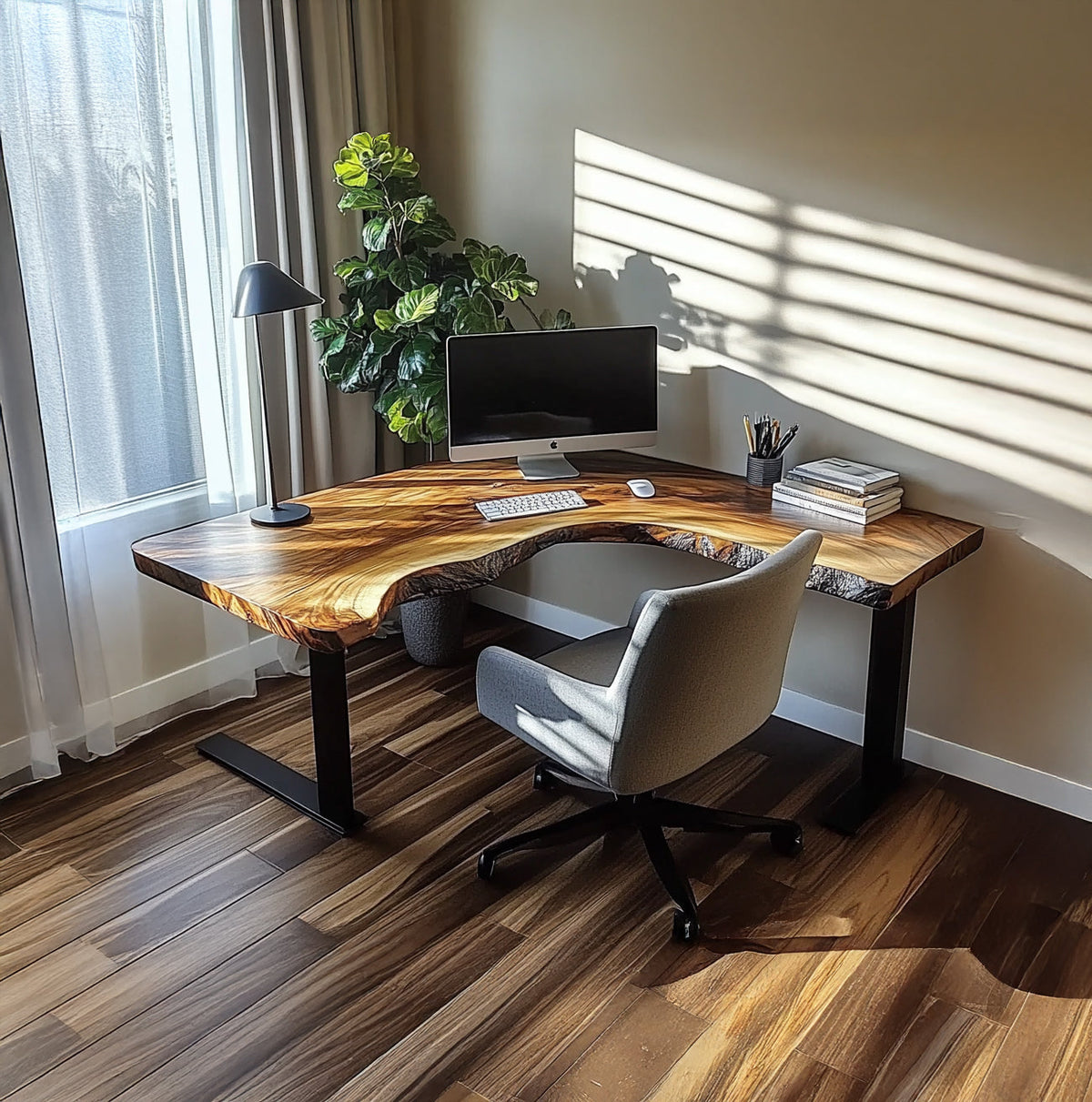Live edge L shaped desk with metal legs for home office