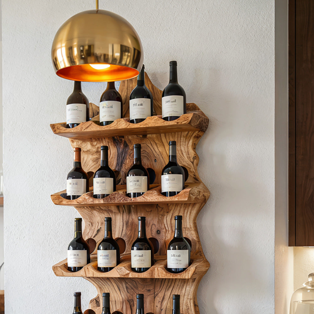 Sculptural live edge wine rack crafted from solid wood