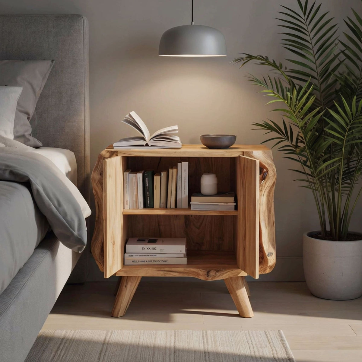 Live edge sculptural nightstand crafted from premium solid wood with cabinet storage