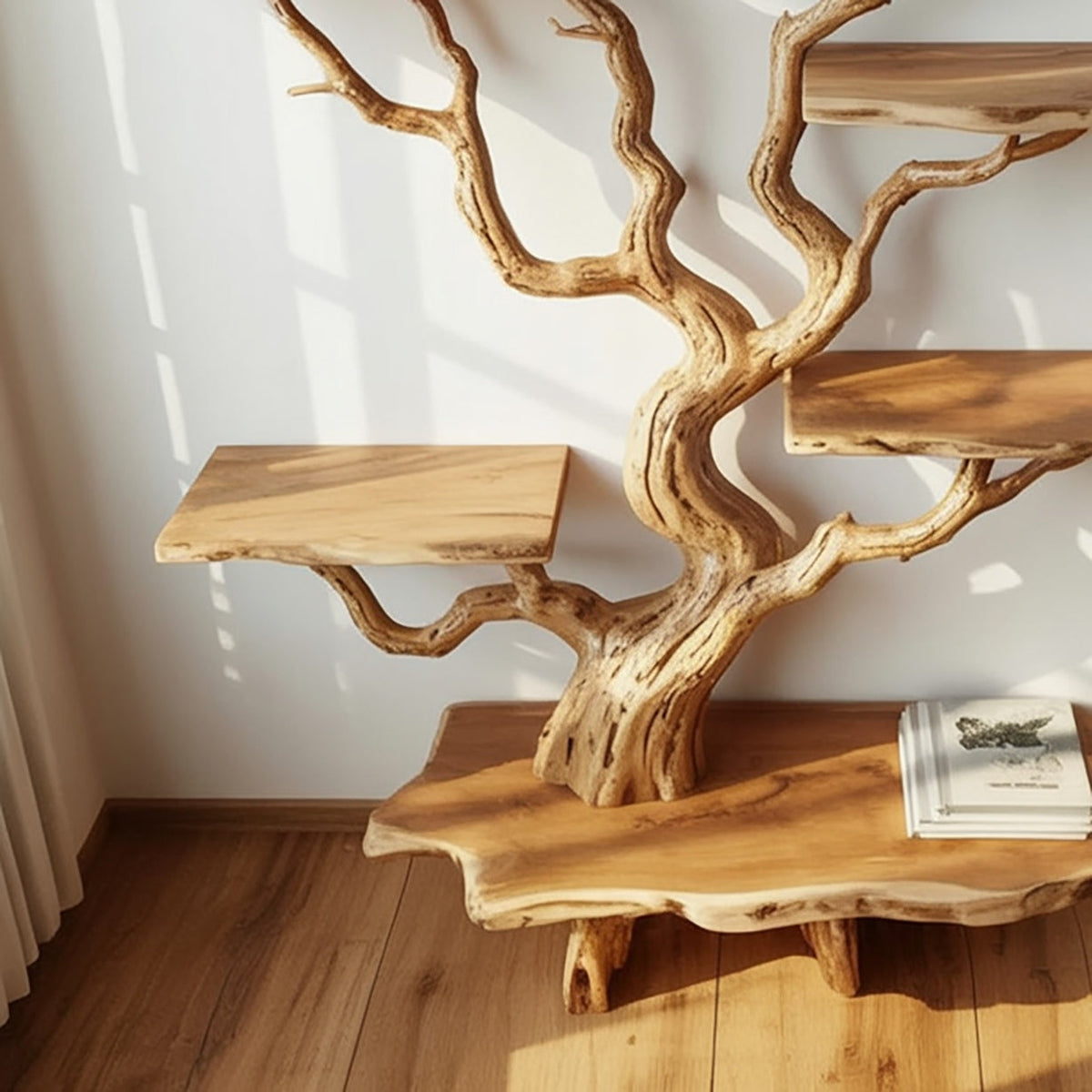 Solid wood tree bookshelf close up showing natural grain and live edge shelves