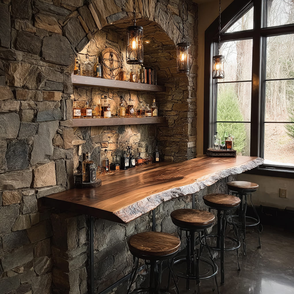 Rustic live edge wall-mounted floating bar table crafted from hardwood