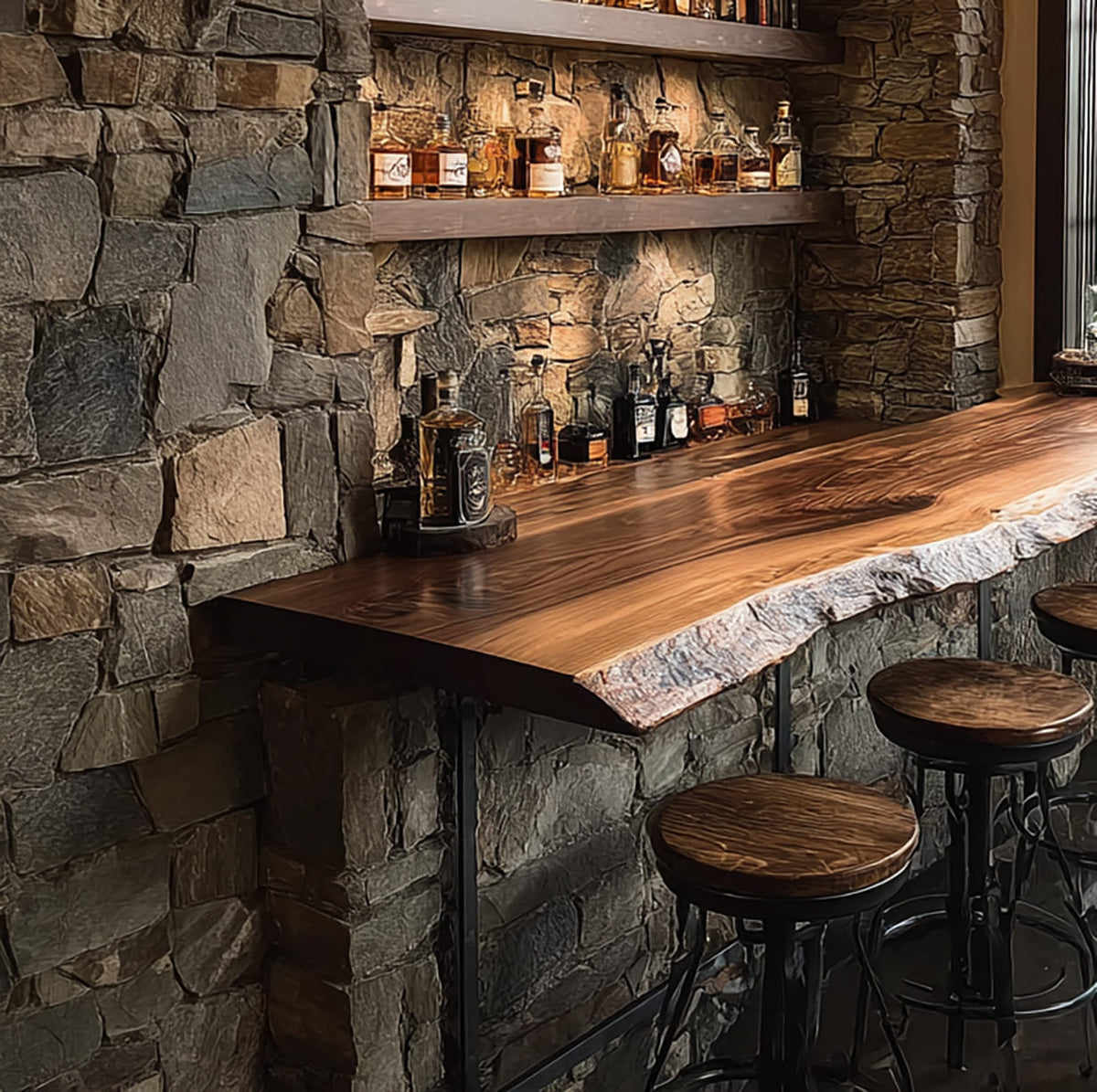 Live edge solid wood floating bar table and handmade wall shelf table in a rustic home bar setting