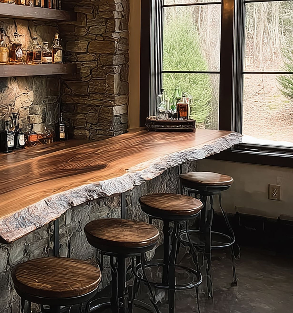 Live edge solid wood balcony bar table placed next to a window with a nature view