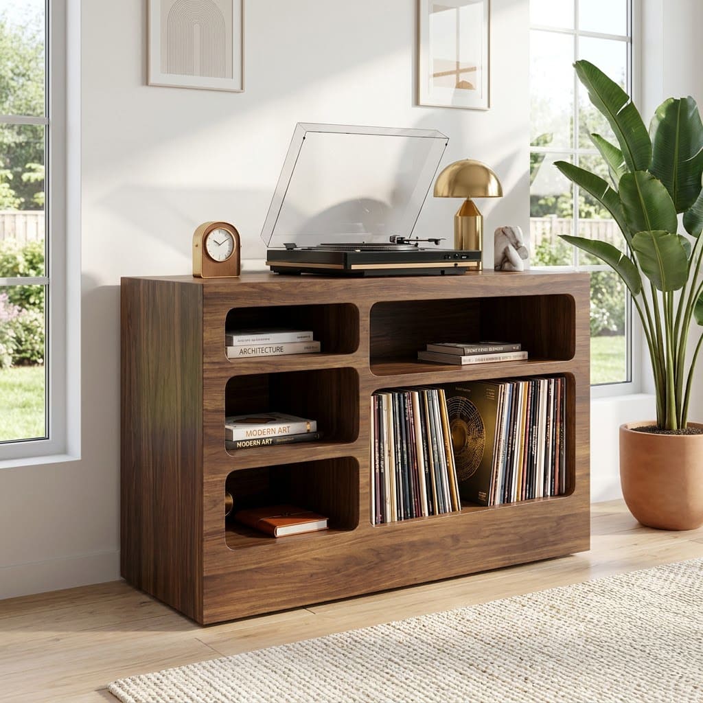 Multi-cubby record player cabinet crafted from solid wood