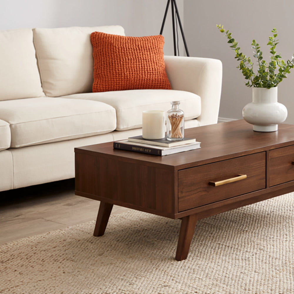 Low-profile solid wood coffee table with a mid-century modern design
