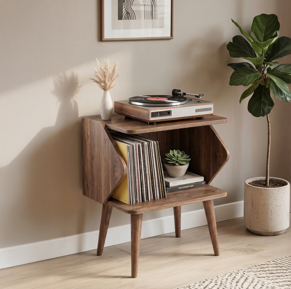 Vinyl storage cabinet with wooden stand for turntable