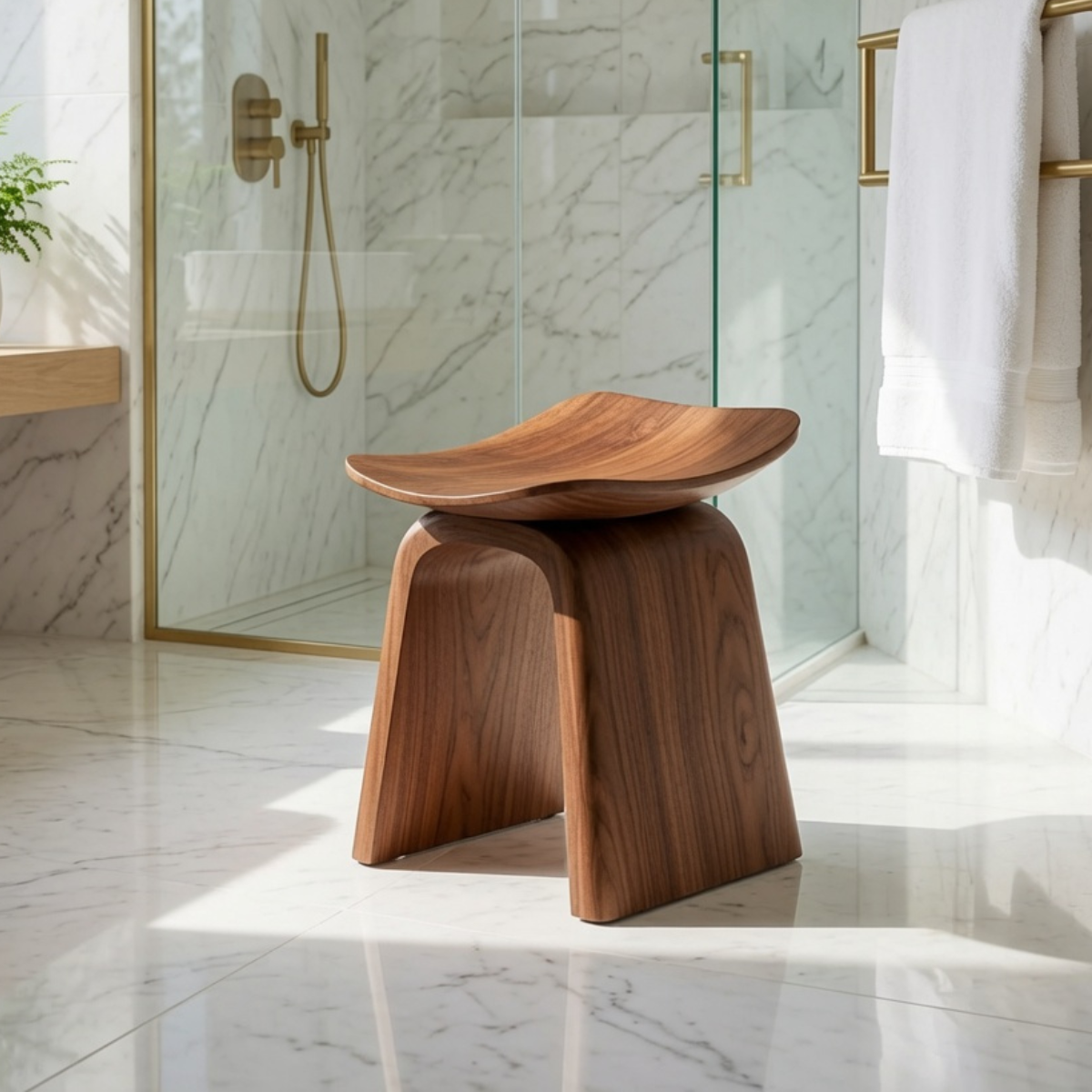Mid-century solid wood shower bench in a modern bathroom