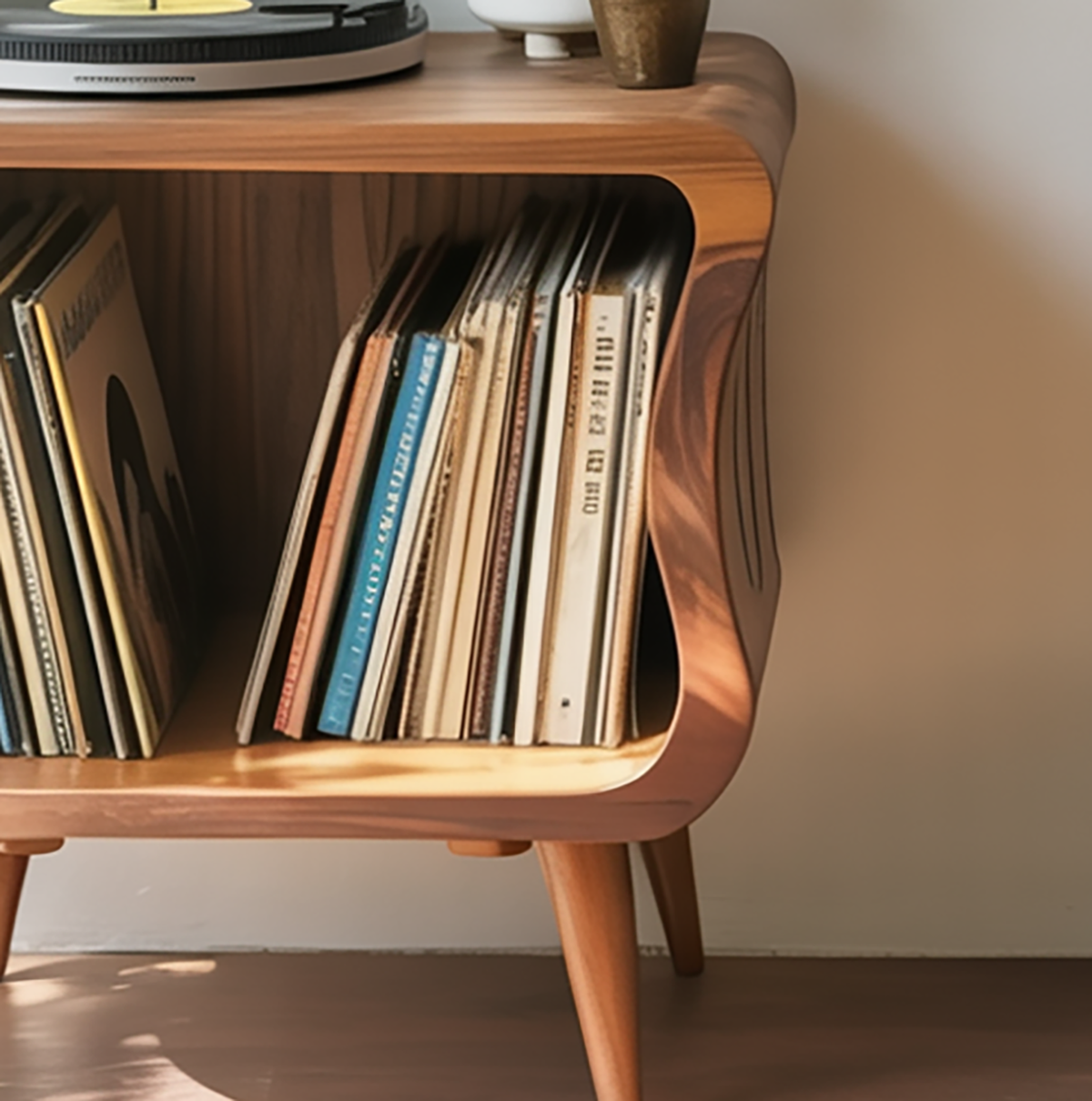 Mid-century solid wood record player table with tapered legs and vinyls