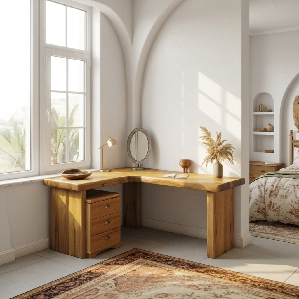 Organic L shaped vanity table with minimalist makeup desk design