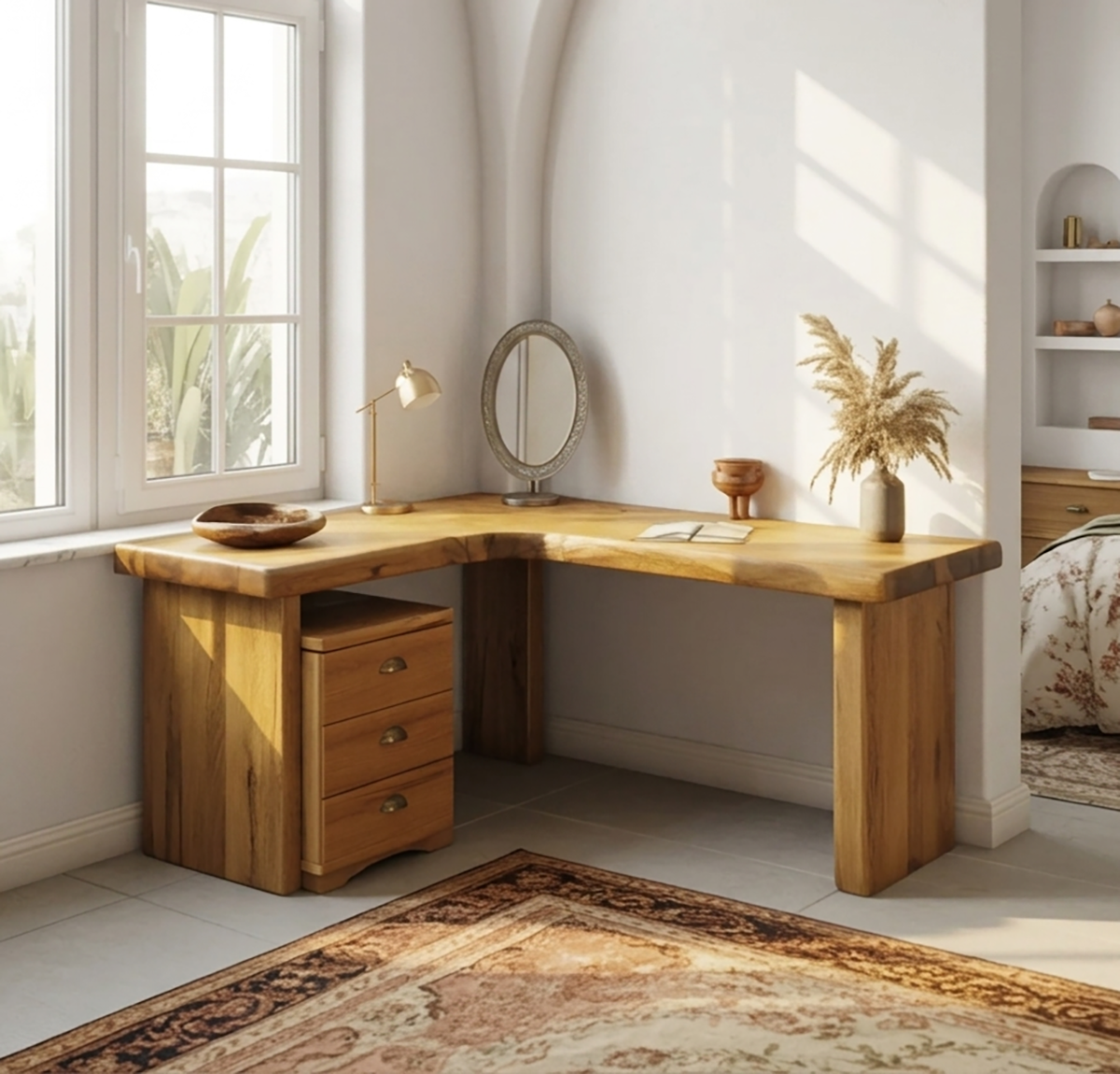 L shaped vanity table for makeup and workspace use