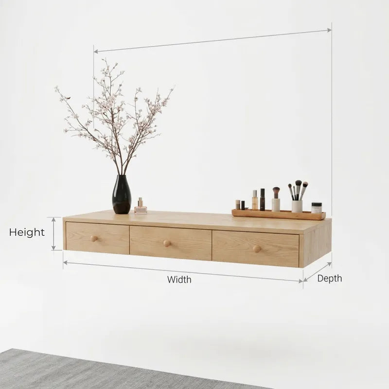 Minimalist Solid Wood Floating Vanity Desk with 3 Drawers