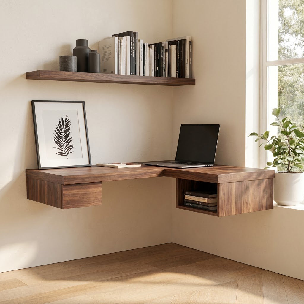 Modern solid wood floating L-shaped corner desk styled with a laptop in a contemporary home office