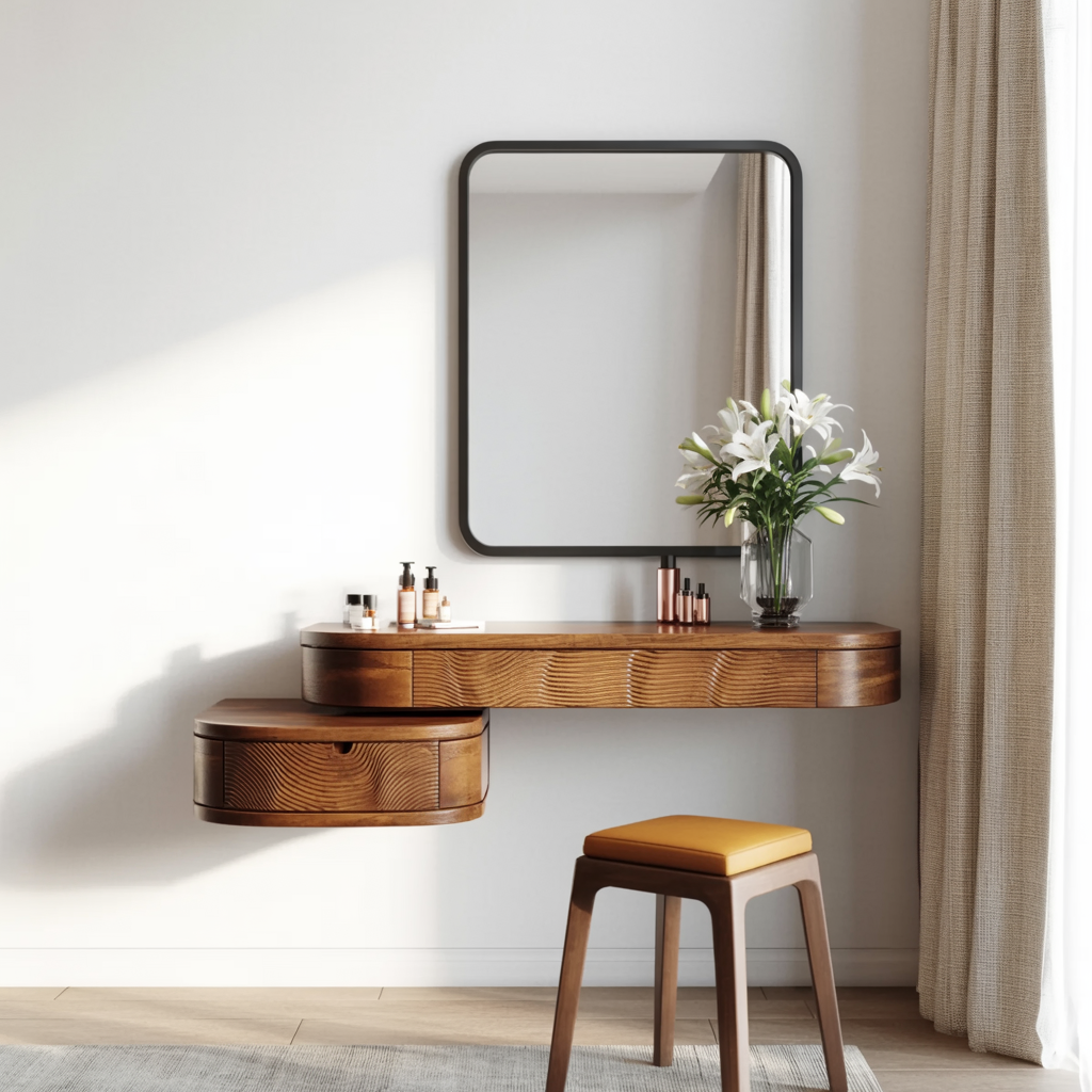 Handcrafted wood vanity desk with rippled wood texture