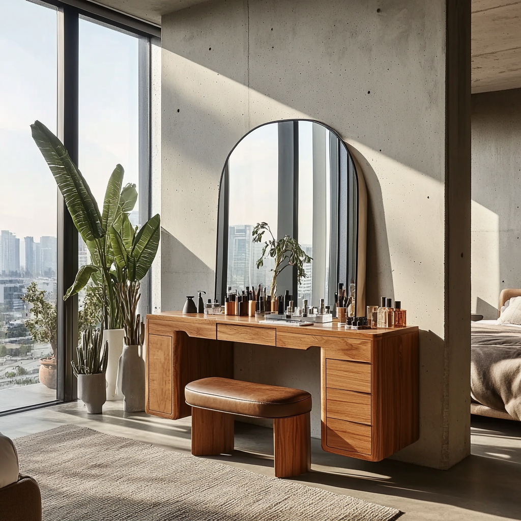 Contemporary wood vanity table with minimalist silhouette