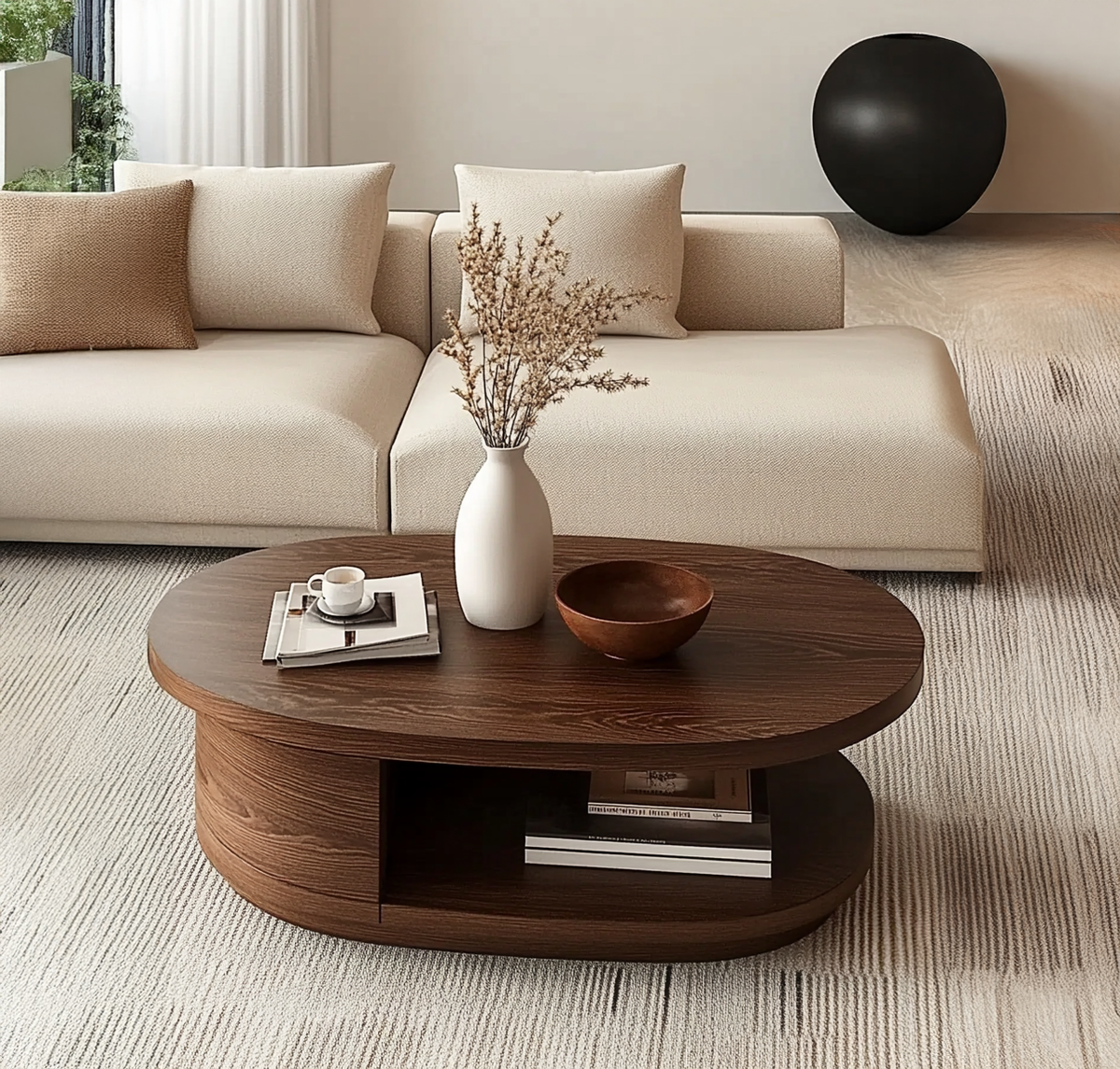 Artistic wood center table with curved base silhouette