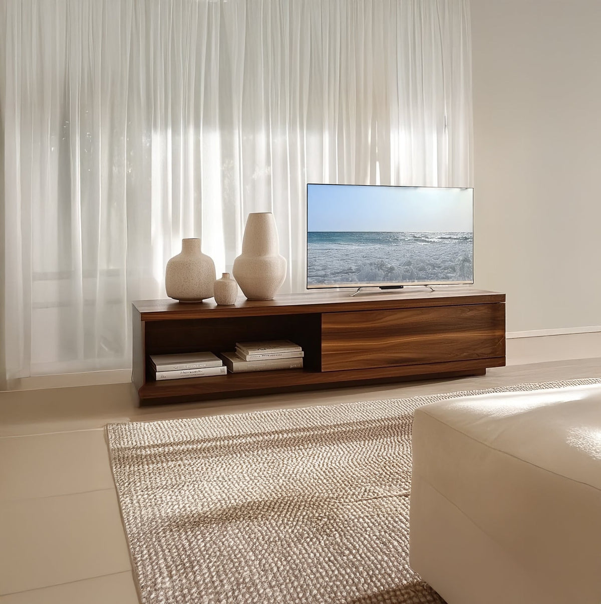 Modern solid wood TV console with low profile media cabinet
