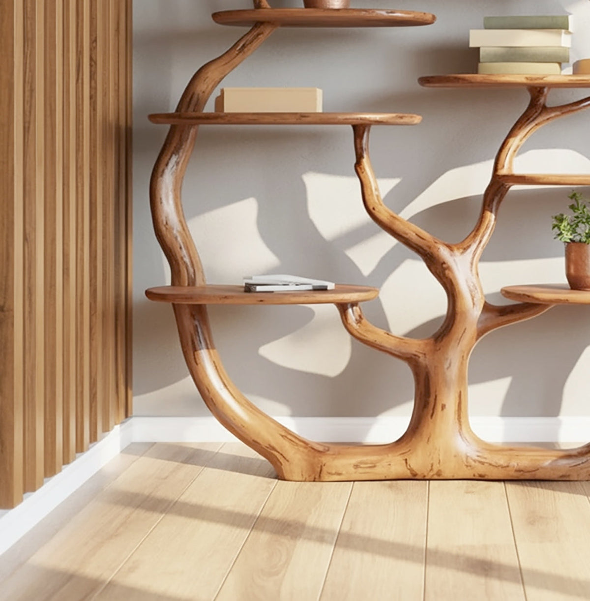 Handmade wall tree bookshelf with natural branch silhouette