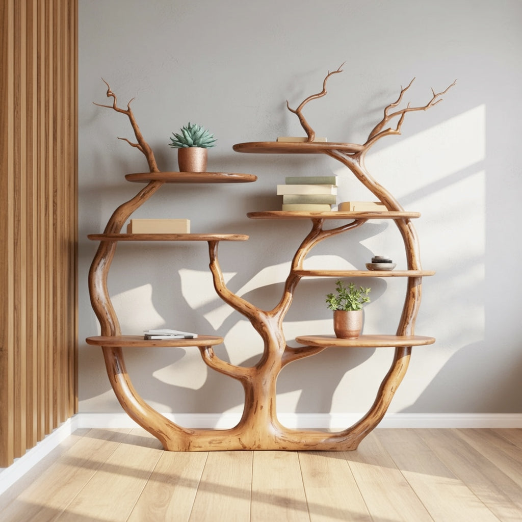 Wooden tree bookshelf decorated with small potted plants under soft shadows