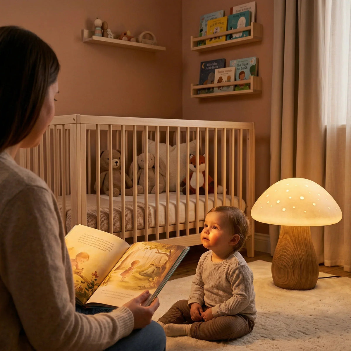 Handcrafted mushroom-shaped floor lamp with wood base in cozy nursery beside crib and child