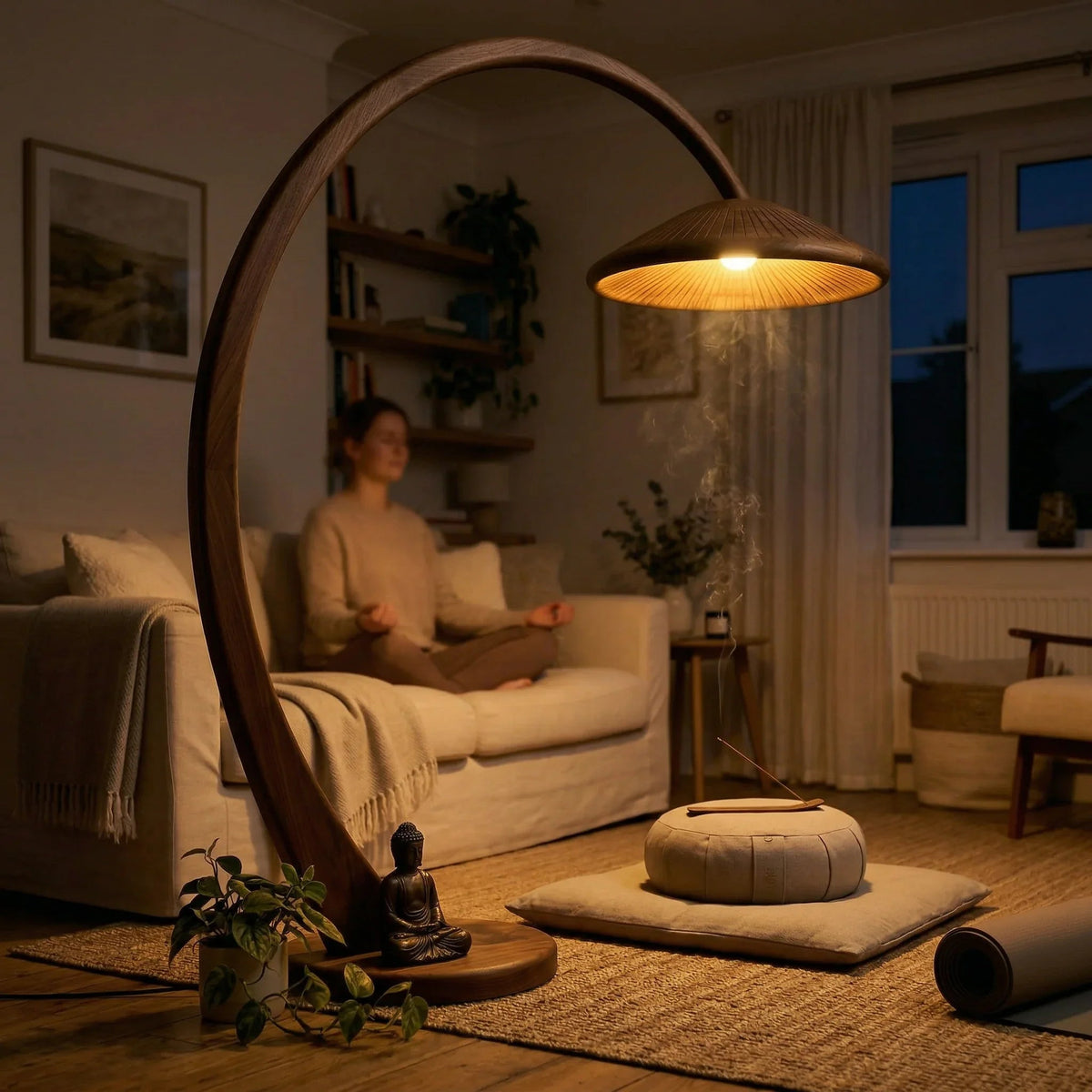 Handcrafted mushroom arc floor lamp with wood stem and wide parasol shade in cozy living room