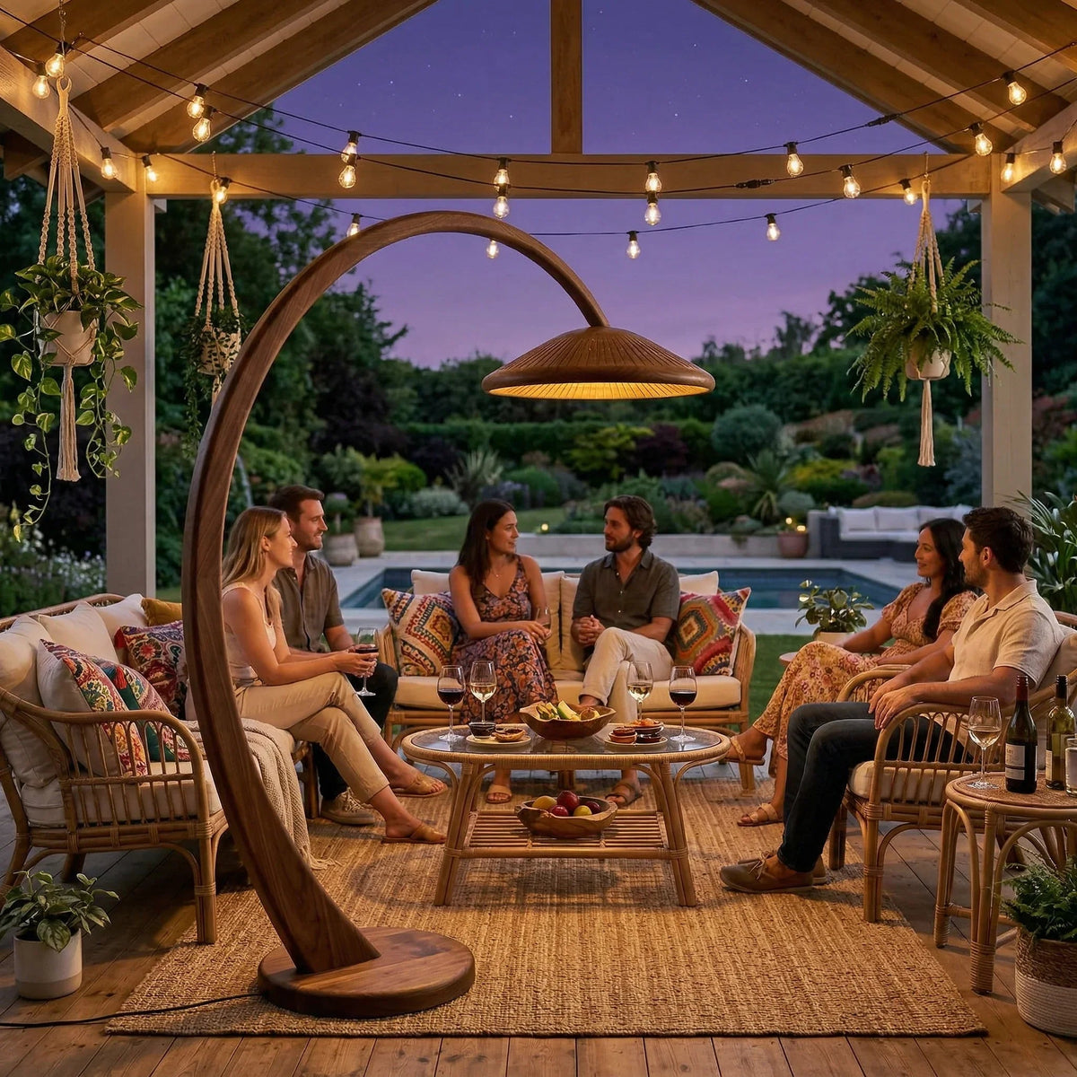 Curved solid wood arc floor lamp with wide parasol slat shade by outdoor patio seating