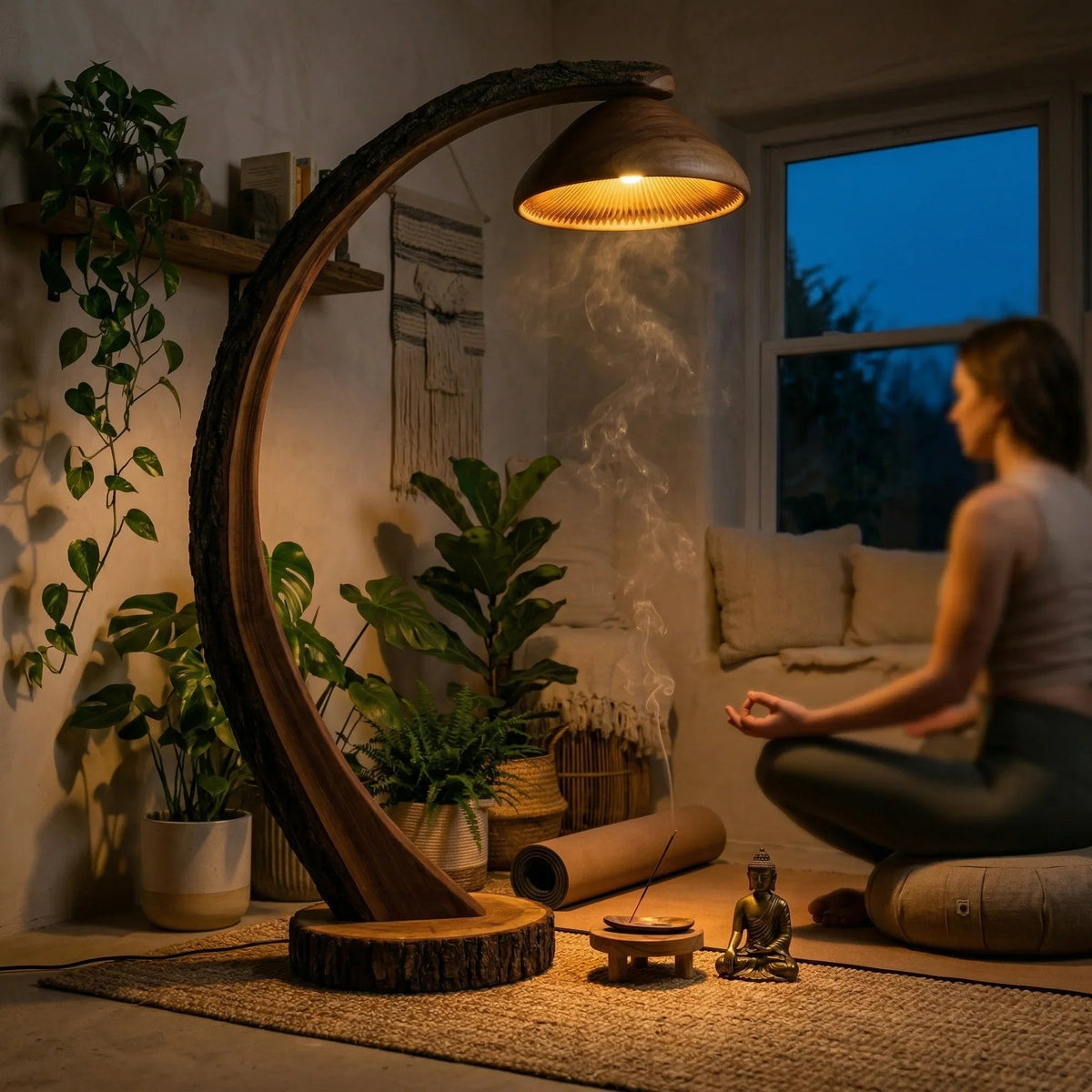 Curved wood log floor lamp with deep bell shade in cozy, plant-filled meditation space