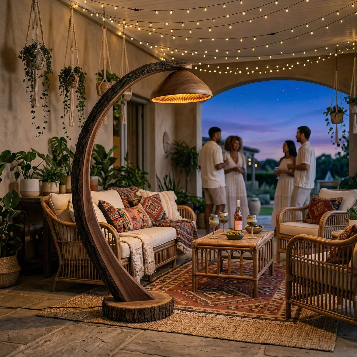 Mushroom arc floor lamp with bark-on curved log stem and wooden slat shade in cozy patio setting