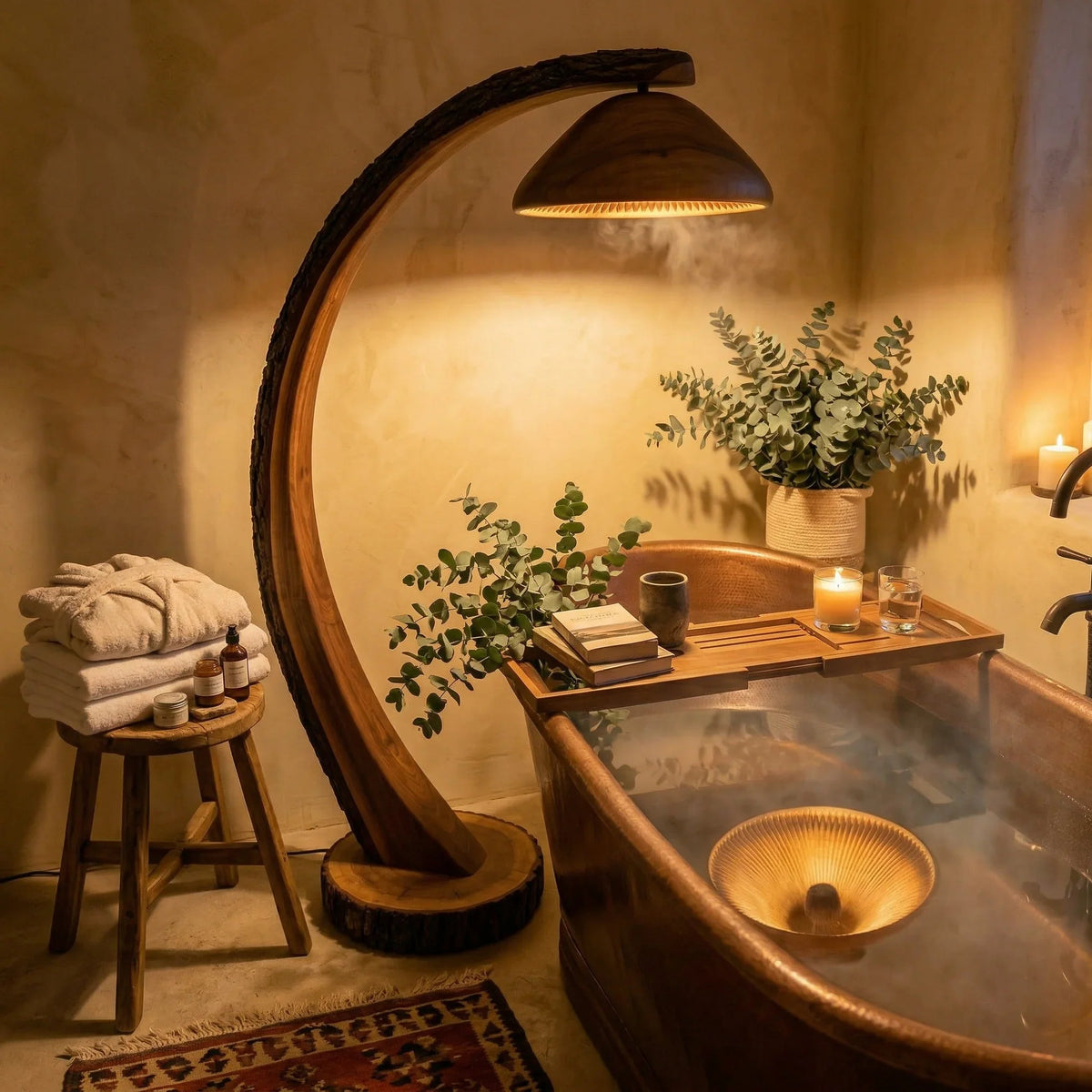 Wooden mushroom arc floor lamp with bark-on curved log stem beside copper bathtub in cozy bathroom