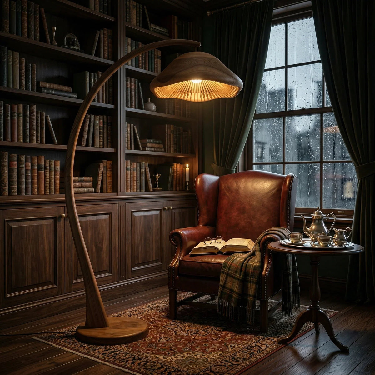Mushroom arc floor lamp with wood stem and gill-inspired dome shade in cozy reading nook