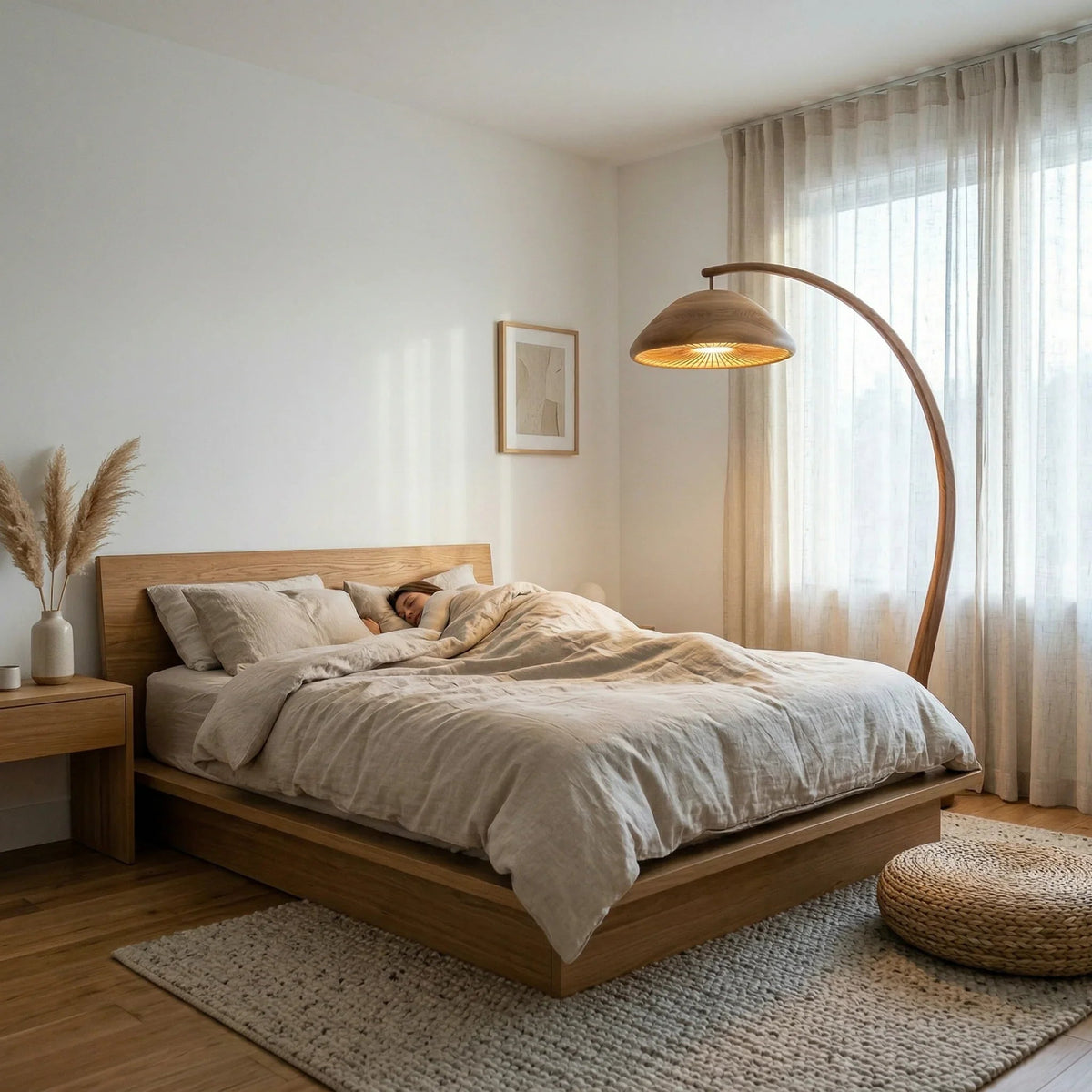 Modern bedroom with mushroom arc floor lamp, solid wood bed and neutral decor