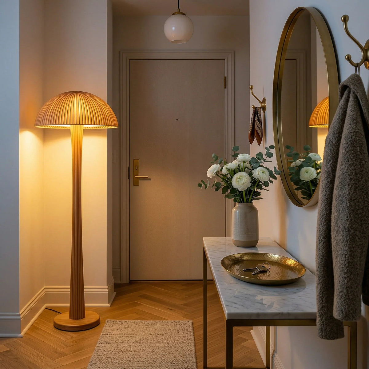 Mushroom arc floor lamp with gill slat dome shade and curved solid wood stem in a modern entryway.