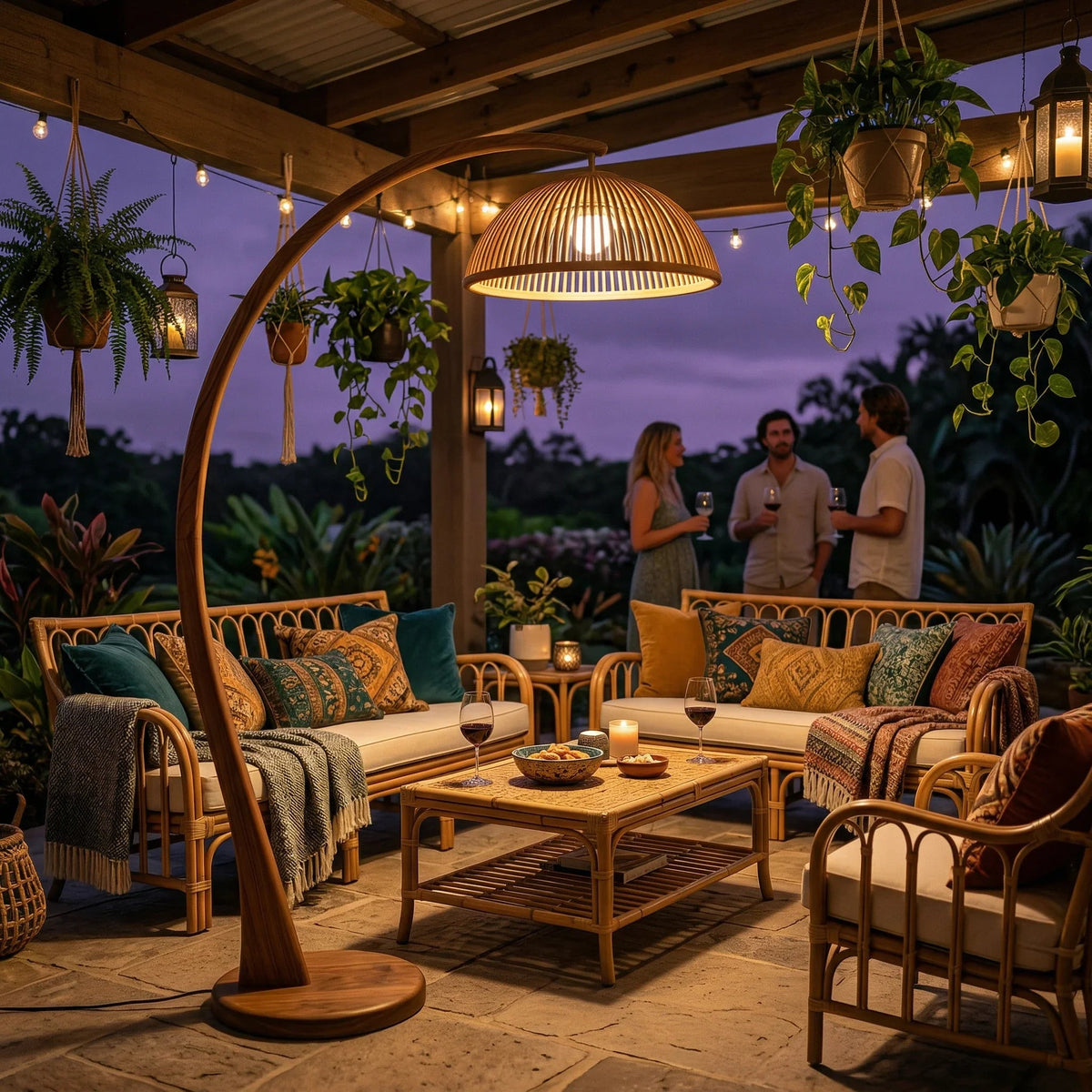 Handcrafted mushroom arc floor lamp with wooden stem and slatted dome shade in cozy patio setting