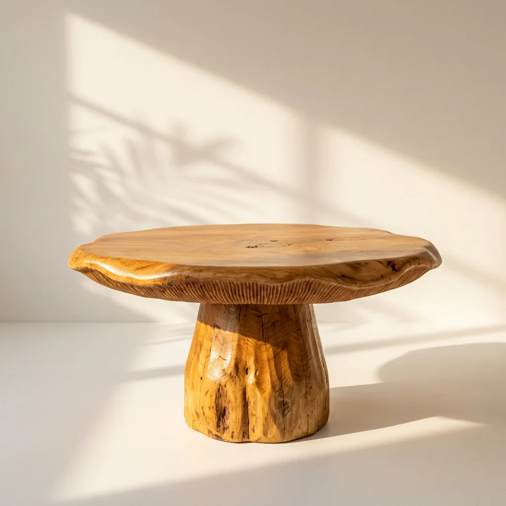 Live edge solid wood mushroom coffee table in natural sunlight, handcrafted furniture