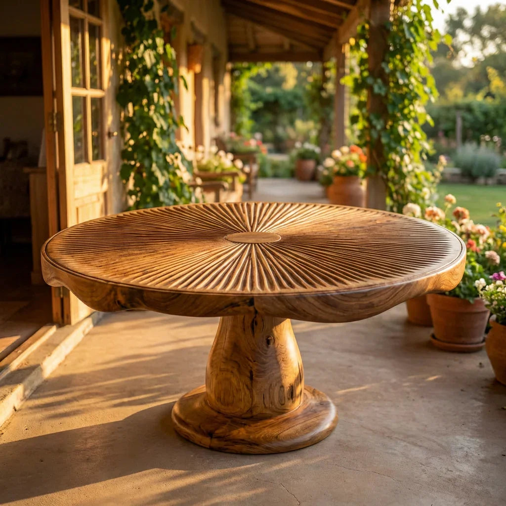 Mushroom Coffee Table with Carved Gill Top and Pedestal Base, Handcrafted Solid Wood Round Table with Live Edge Rim for Living Room - Ashdeco 2026