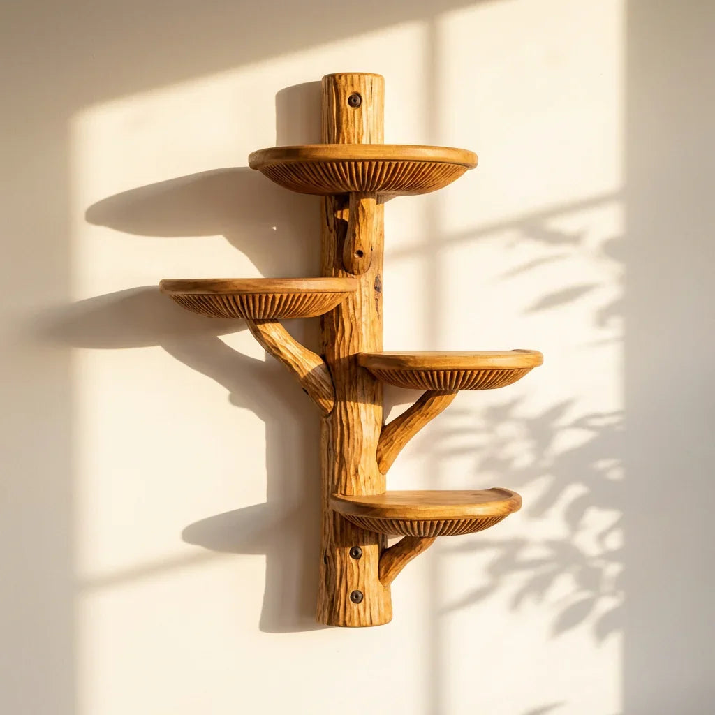 Mushroom Half-Round Wall Shelf with 4 Dished Caps and Deep Gill Carving, Handcrafted Solid Wood Floating Display Shelf for Kitchen, Bathroom, Bedroom, Plant Stand - Ashdeco 2026