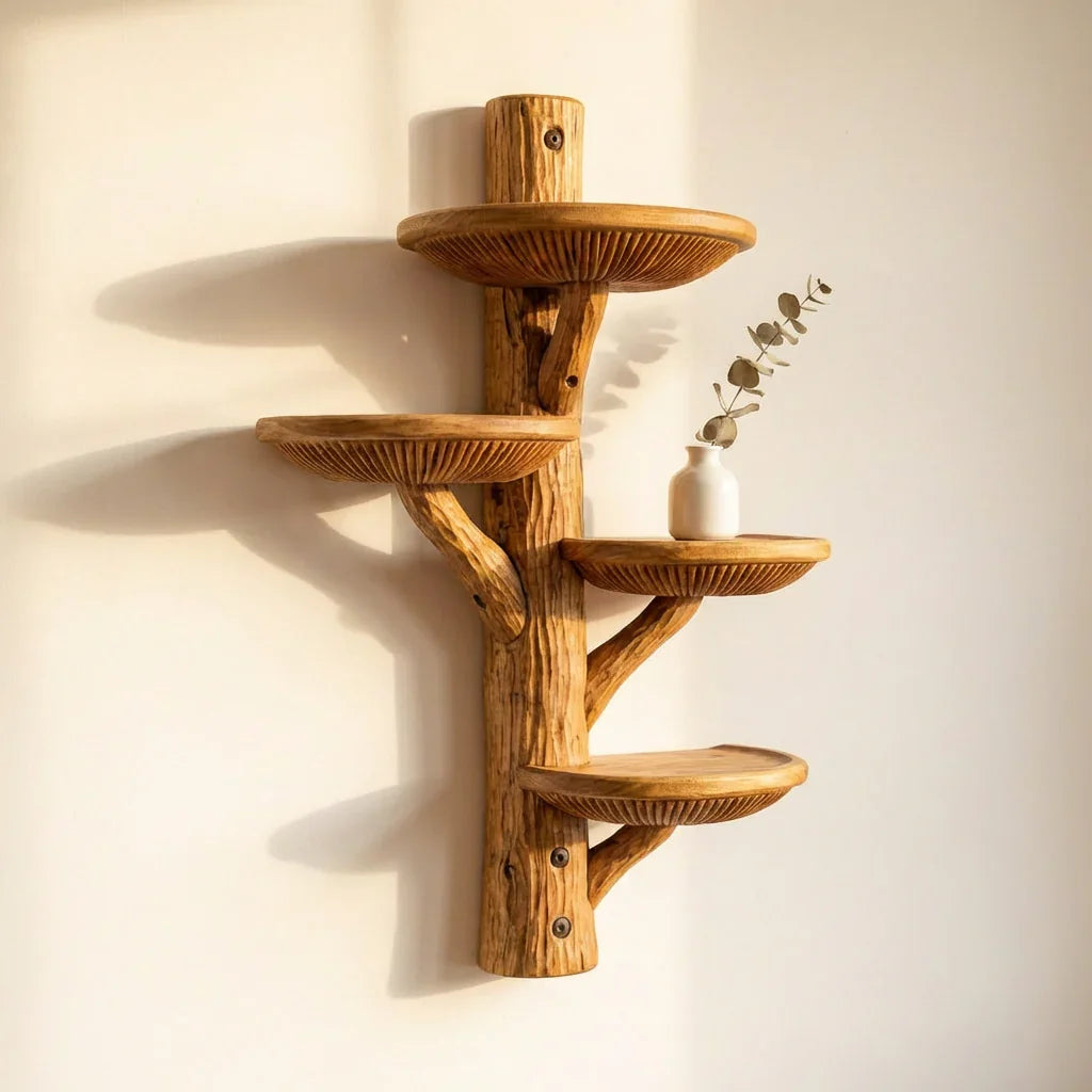 Mushroom Half-Round Wall Shelf with 4 Dished Caps and Deep Gill Carving, Handcrafted Solid Wood Floating Display Shelf for Kitchen, Bathroom, Bedroom, Plant Stand - Ashdeco 2026
