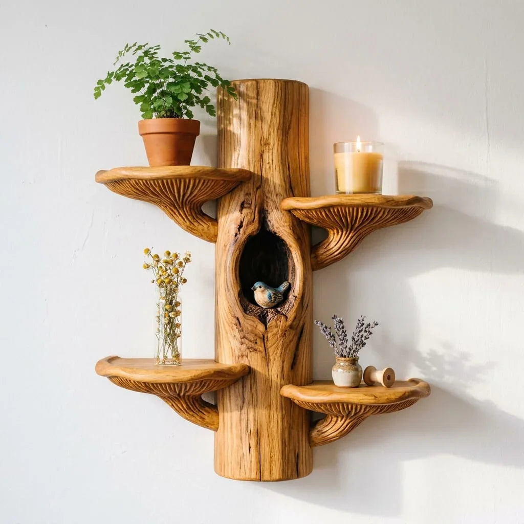 Mushroom Tree Wall Shelf with Paired Fan Shelves - Handcrafted Solid Wood Symmetrical Display Shelf for Living Room, Bedroom, Entryway - Ashdeco 2026