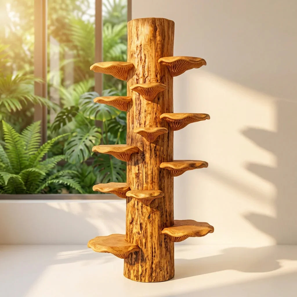 Mushroom Log Tower Bookshelf with Spiral Bracket Shelves, Handcrafted Freestanding Solid Wood Display Column for Living Room, Bedroom, Plant Stand - Ashdeco 2026