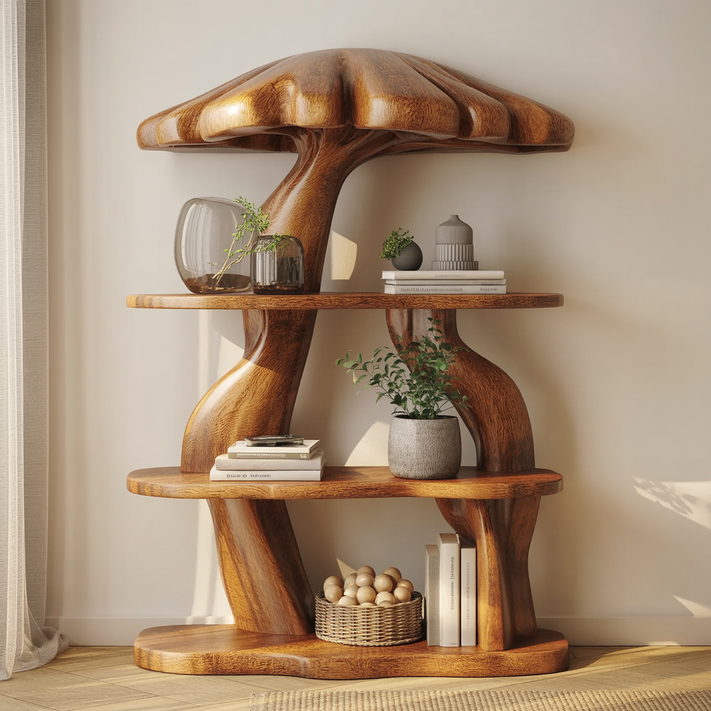 Handmade mushroom shaped wall shelf for modern interiors