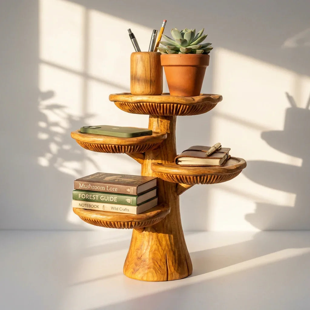 Handcrafted Mushroom Tree Desk Organizer – Solid Wood Tabletop Shelf with Carved Mushroom Tiers - Ashdeco 2026