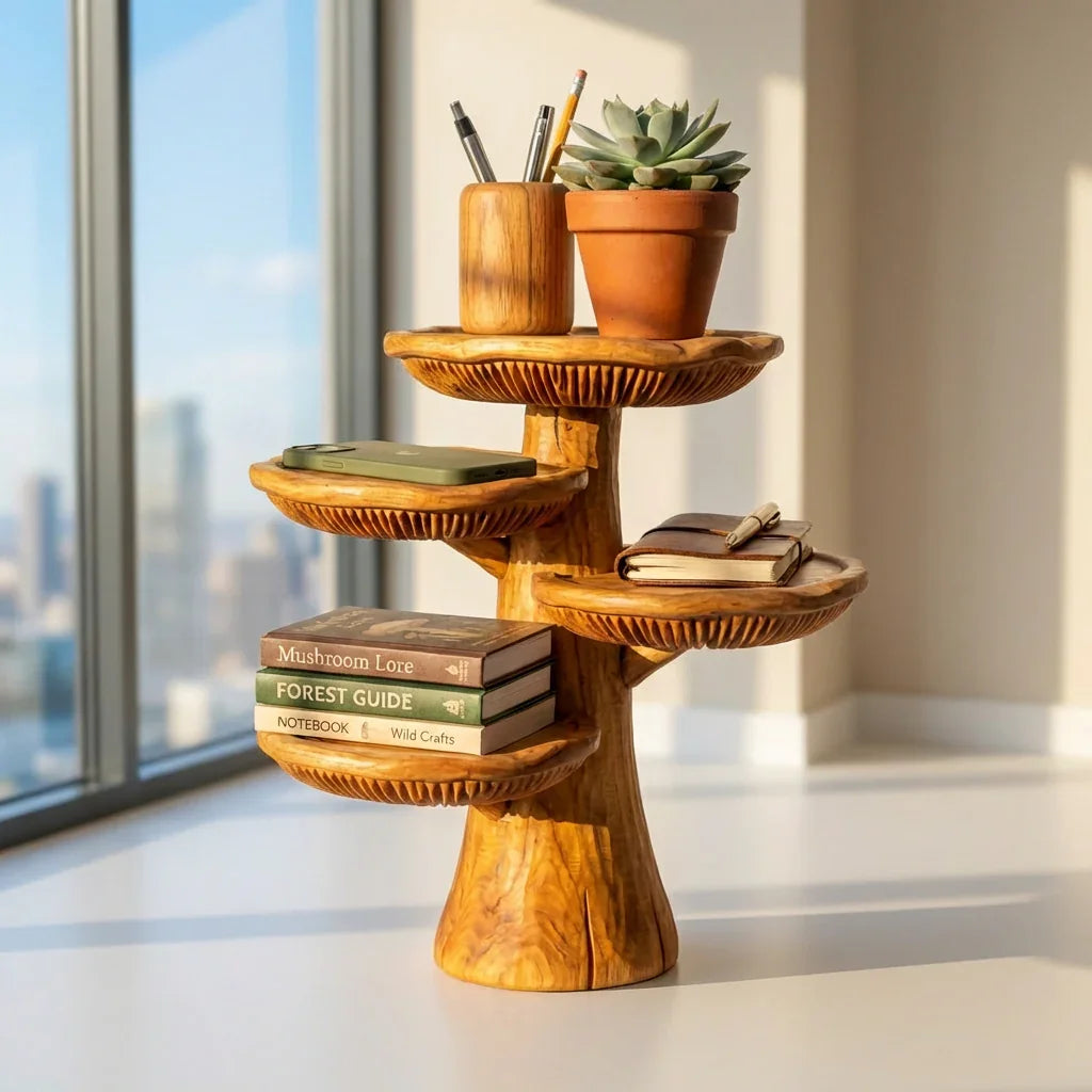 Handcrafted Mushroom Tree Desk Organizer – Solid Wood Tabletop Shelf with Carved Mushroom Tiers - Ashdeco 2026