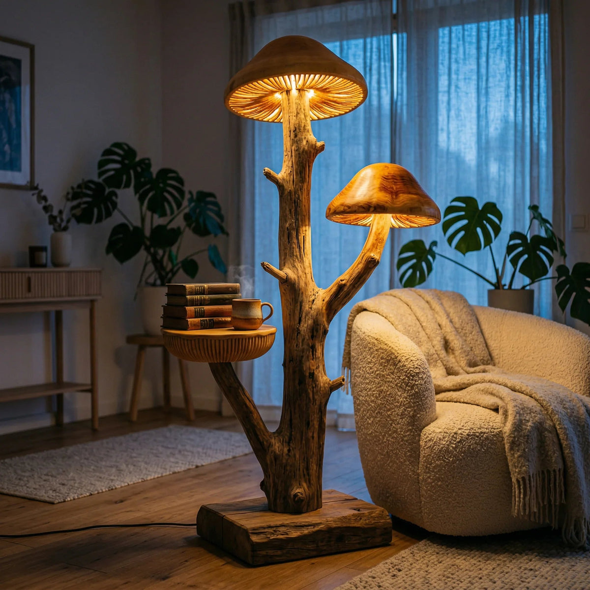 Mushroom tree floor lamp with carved wood trunk, dual glowing caps, and built-in side table in cozy living room