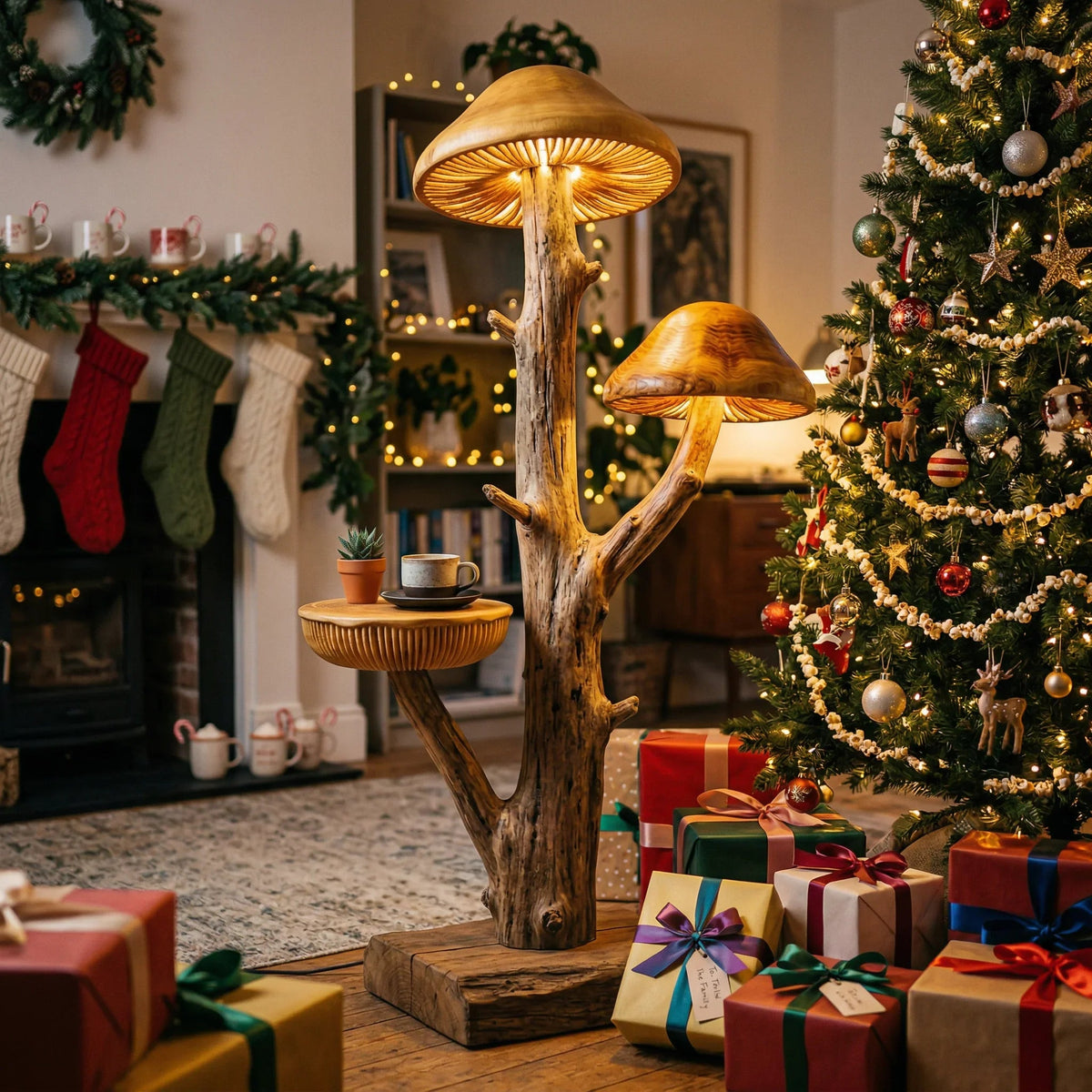 Mushroom tree floor lamp with driftwood trunk and dual gill lamps, built-in side shelf, beside a Christmas tree and presents in a festive living room.