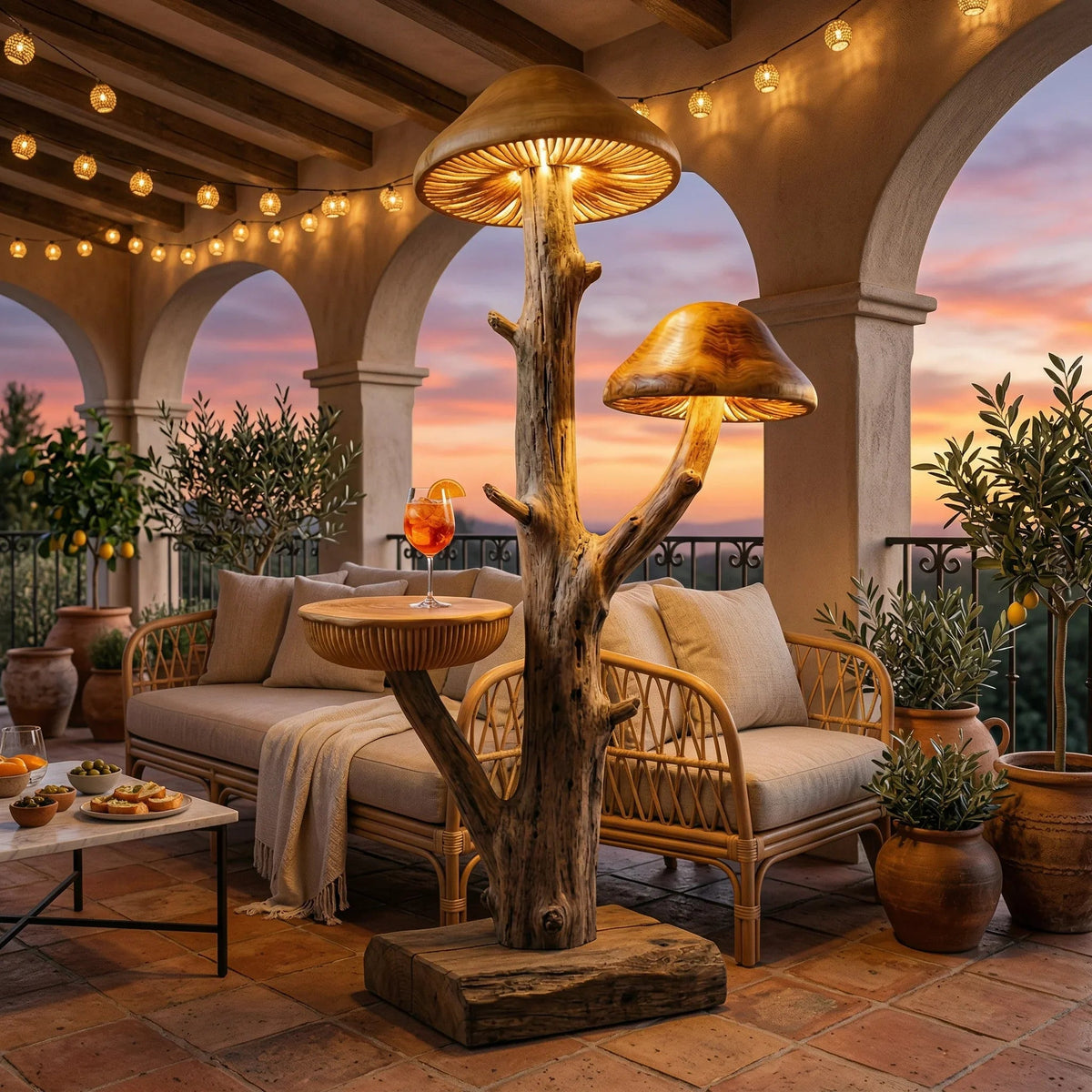 Mushroom tree floor lamp with carved wood trunk, built-in shelf, and glowing caps on a patio.