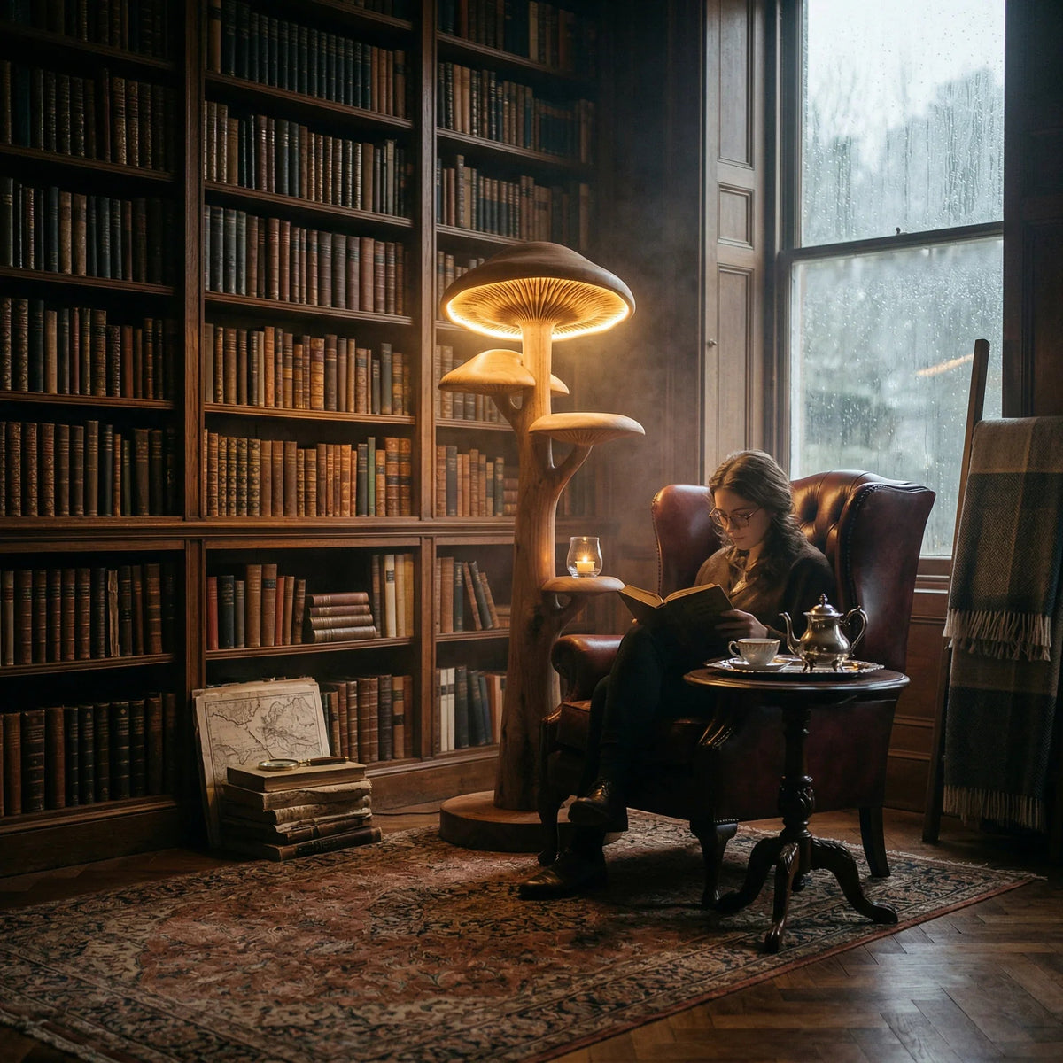 Solid wood mushroom tree floor lamp with two built-in cap shelves and walnut disc base in a cozy reading nook.
