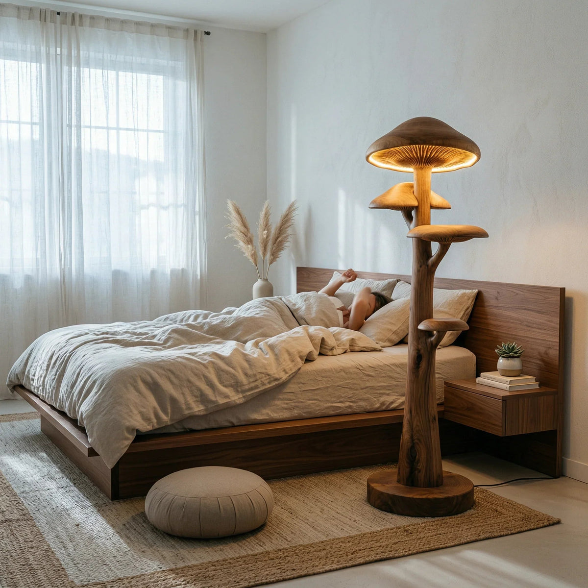 Mushroom-shaped wooden floor lamp with shelves next to a modern bed in a cozy bedroom.
