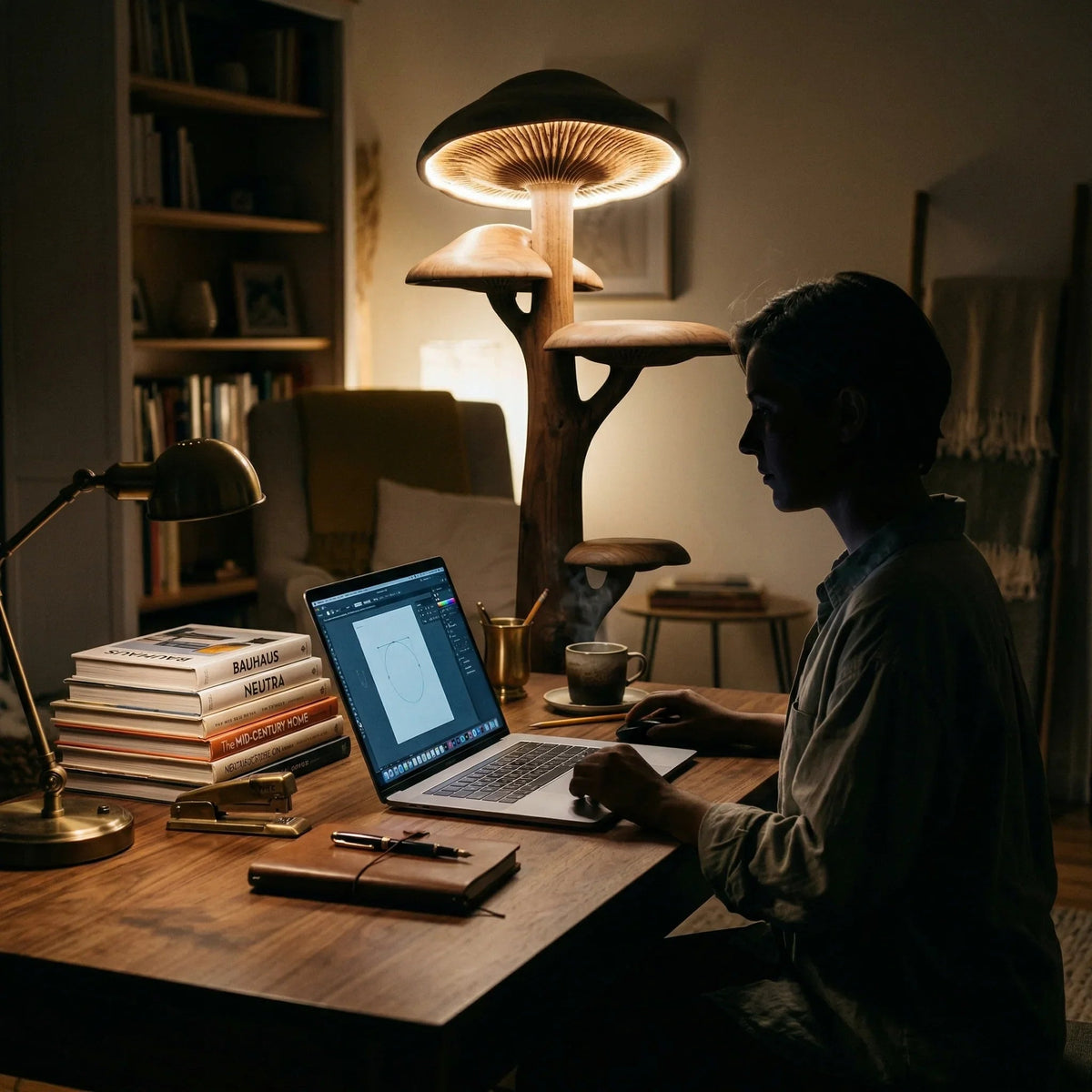 Mushroom-shaped tree floor lamp with glowing cap and built-in wooden shelves in cozy home office.